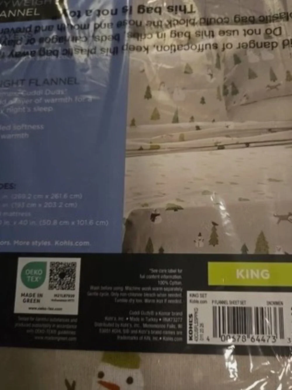 Cuddl Duds KING Size 4 pc soft Flannel sheet set Tree Snowman Print Tan NWT
